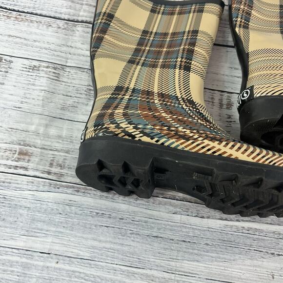 Sporto AMY Rubber Rain Duck Boots size 6 Black Tan Blue Plaid Calf Any Weather - Picture 6 of 11